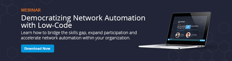 Banner_Democratizing Network Automation blue box with a computer