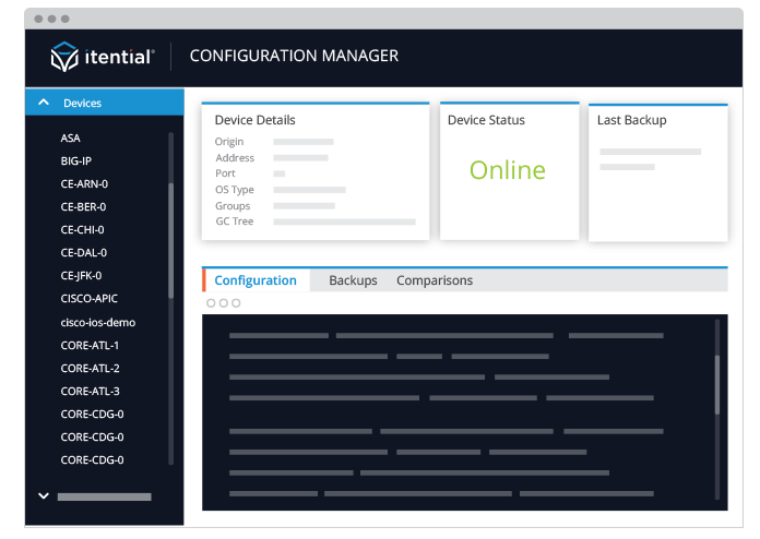 Config Manager Overview-v2_IMG1 (2) itential network automation platform screenshot showcasing network configuration management capabilities including device details