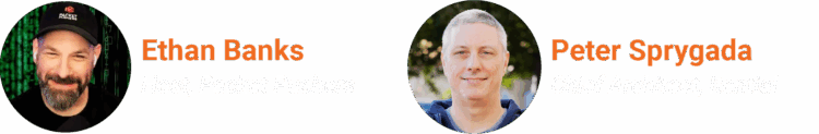 Speakers 2 Tech Bytes podcast speakers graphic featuring Packet Pushers hosts and Peter Sprygada of Itential discussing infrastructure and AI automation with Packet Pushers' host Ethan Banks
